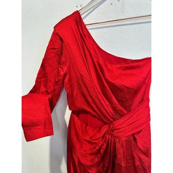 ML MONIQUE LHUILLIER Red Drapey One Shoulder Thigh Grazing Slit Gown size 4